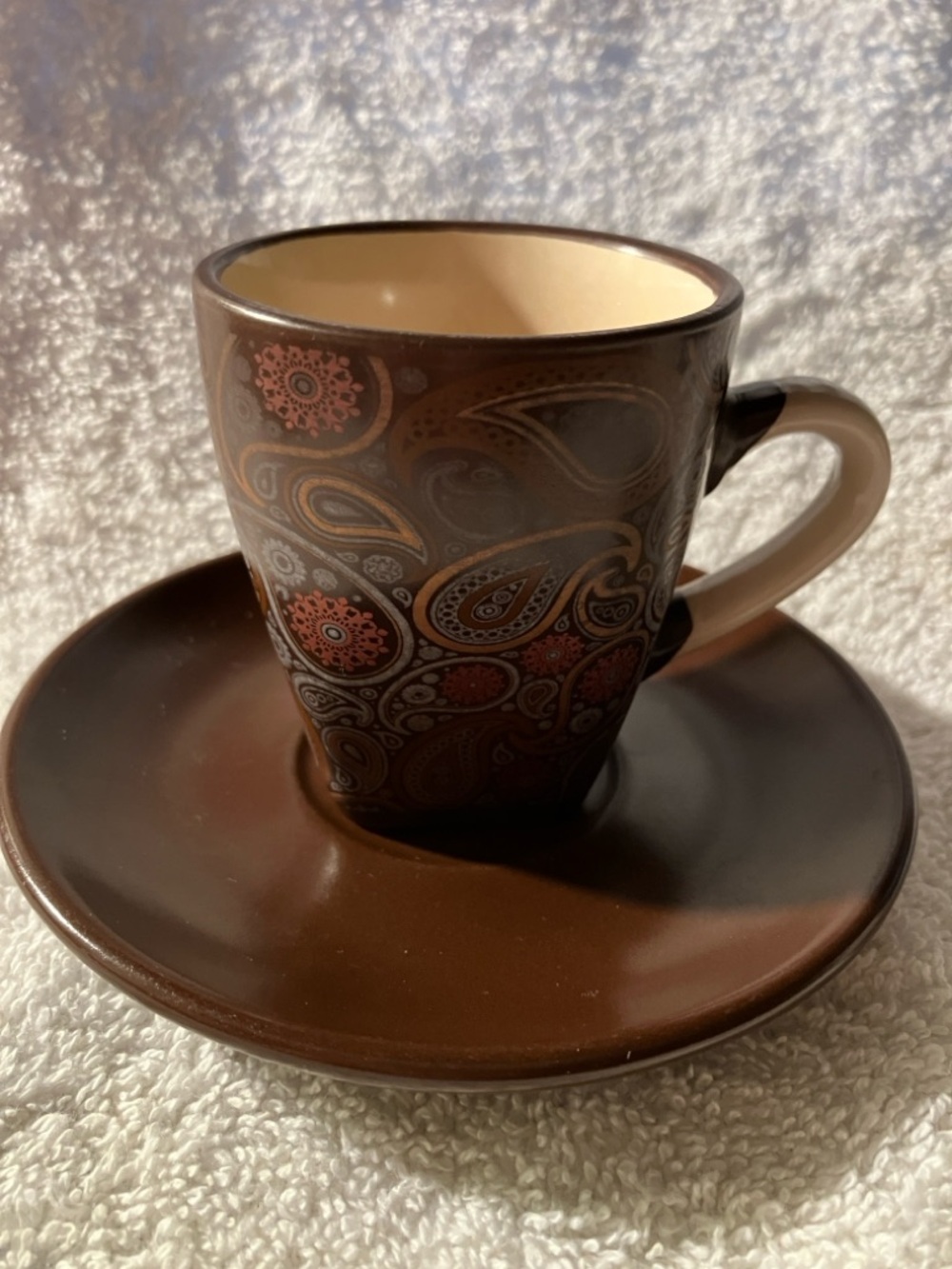 Krystallo Tov Lev  Brown Paisley Espresso Cup and Saucer  Italy